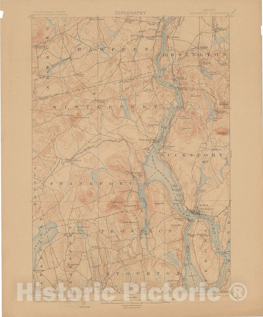 Historic Map : USGS 7.5 Minute Sheets and Quadrangles, Bucksport & Frankfort & Prospect & Winterport 1906 Topographic Map , Vintage Wall Art
