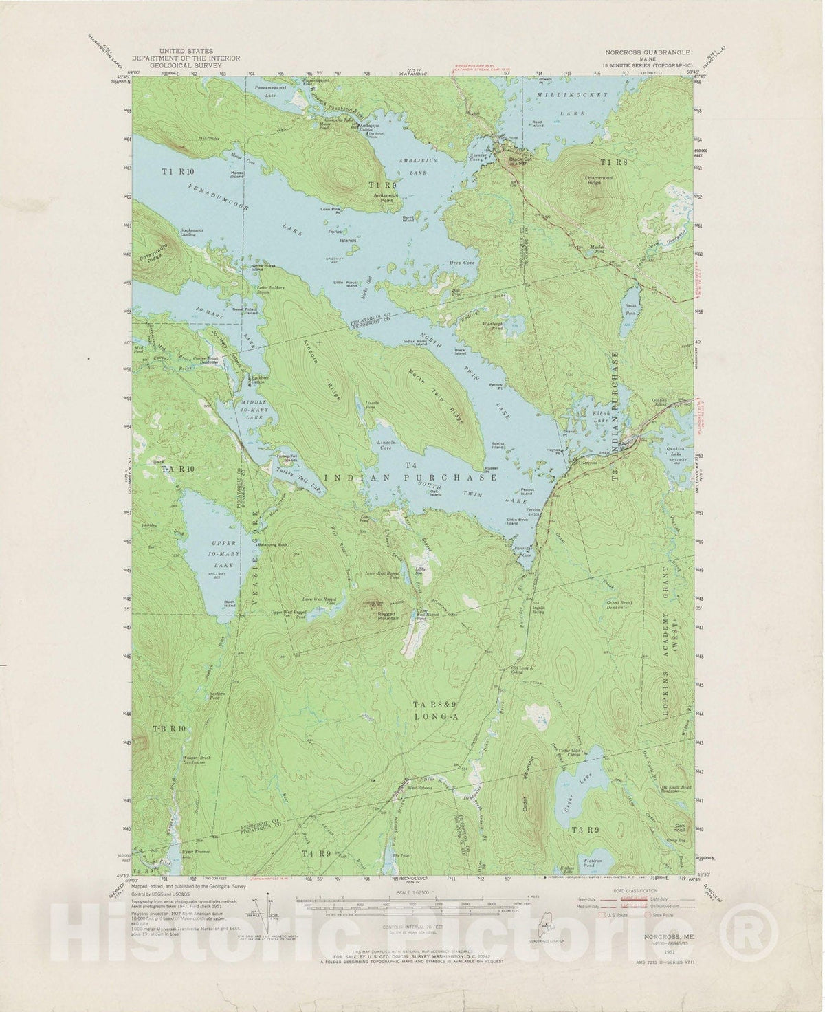 Historic Map : USGS 7.5 Minute Sheets and Quadrangles, West Seboois 1951 Topographic Map , Vintage Wall Art
