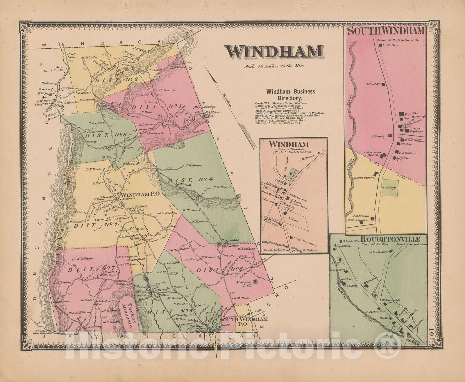 Historic Map : Atlas of Windham County, VT, Grafton & Windham 1869 , Vintage Wall Art