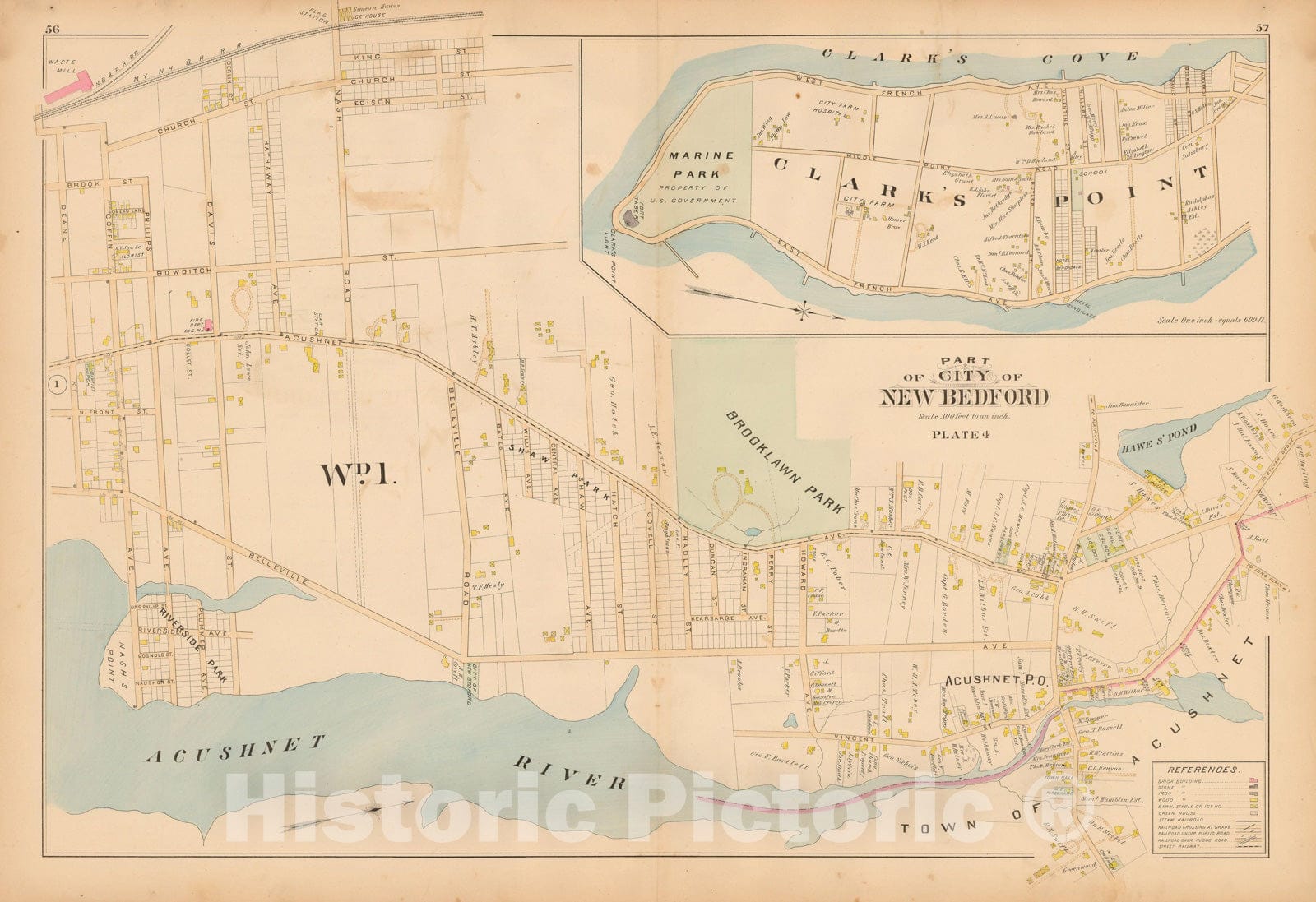 Historic Map : New Topographical Atlas of Surveys Bristol County Massachusetts, New Bedford 1895 Plate 004 , Vintage Wall Art