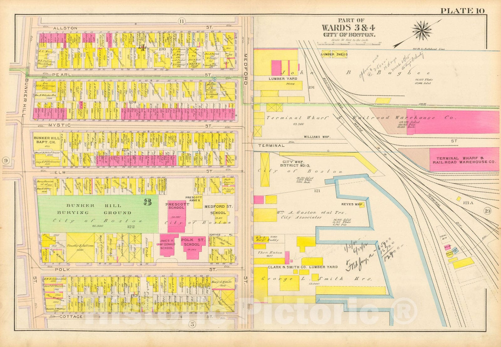 Historic Map : Atlas City of Boston: Charlestown and East Boston, Charlestown 1912 Plate 010 , Vintage Wall Art