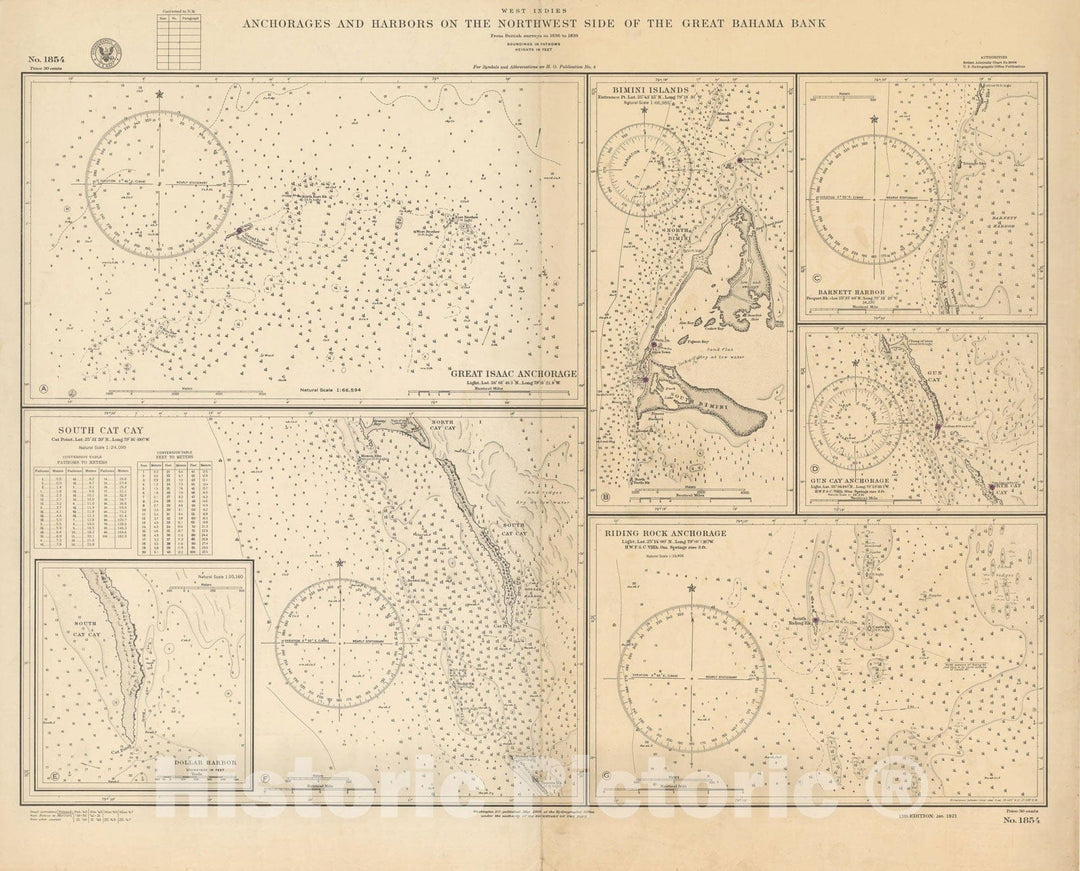 Historic Map : Coastal Charts - Bahama Anchorages 1947 , Vintage Wall Art