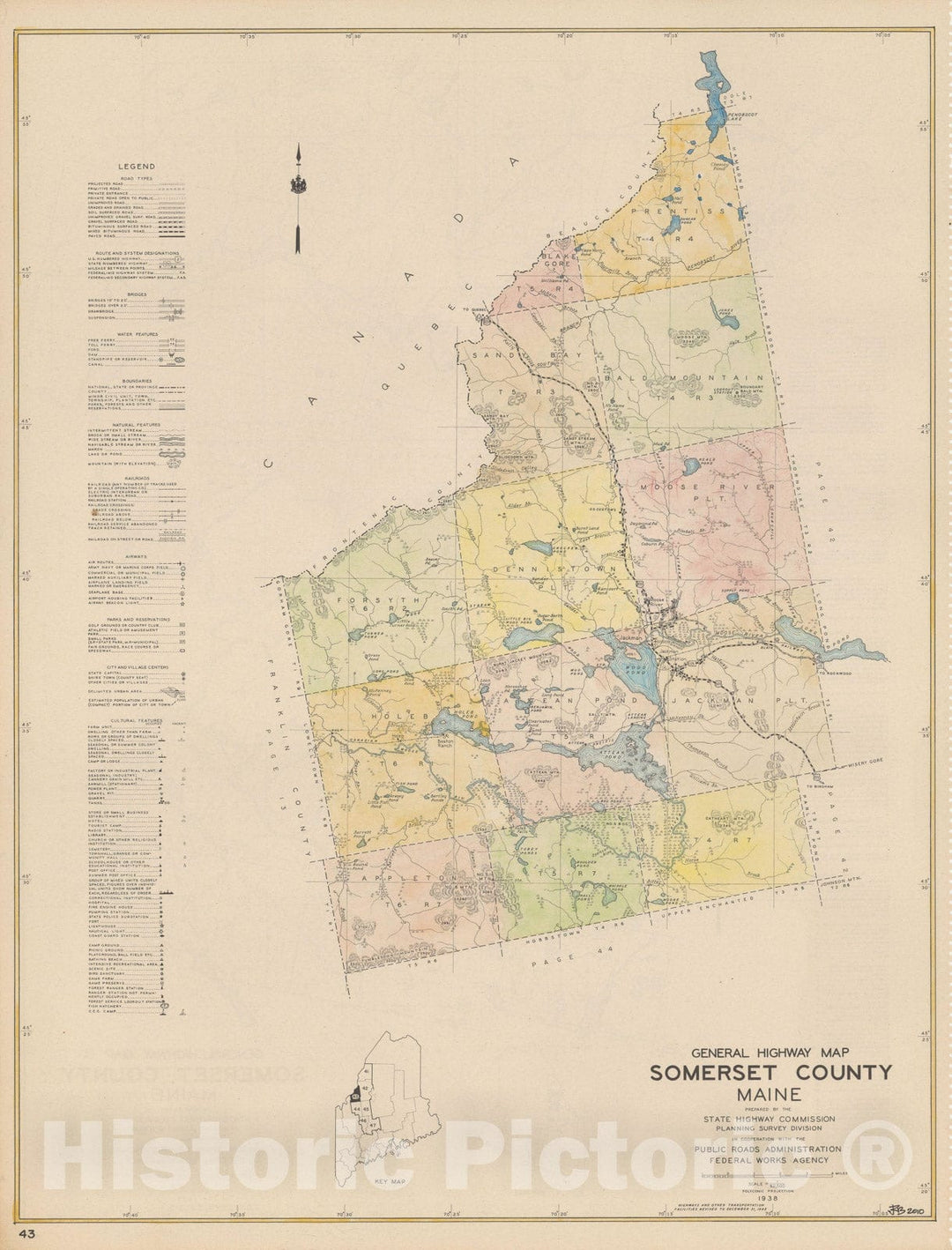 Historic Map : Maine General Highway County Maps, Somerset 1938 Plate 043 , Vintage Wall Art