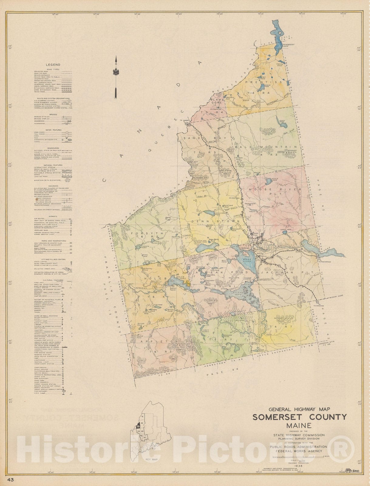 Historic Map : Maine General Highway County Maps, Somerset 1938 Plate 043 , Vintage Wall Art