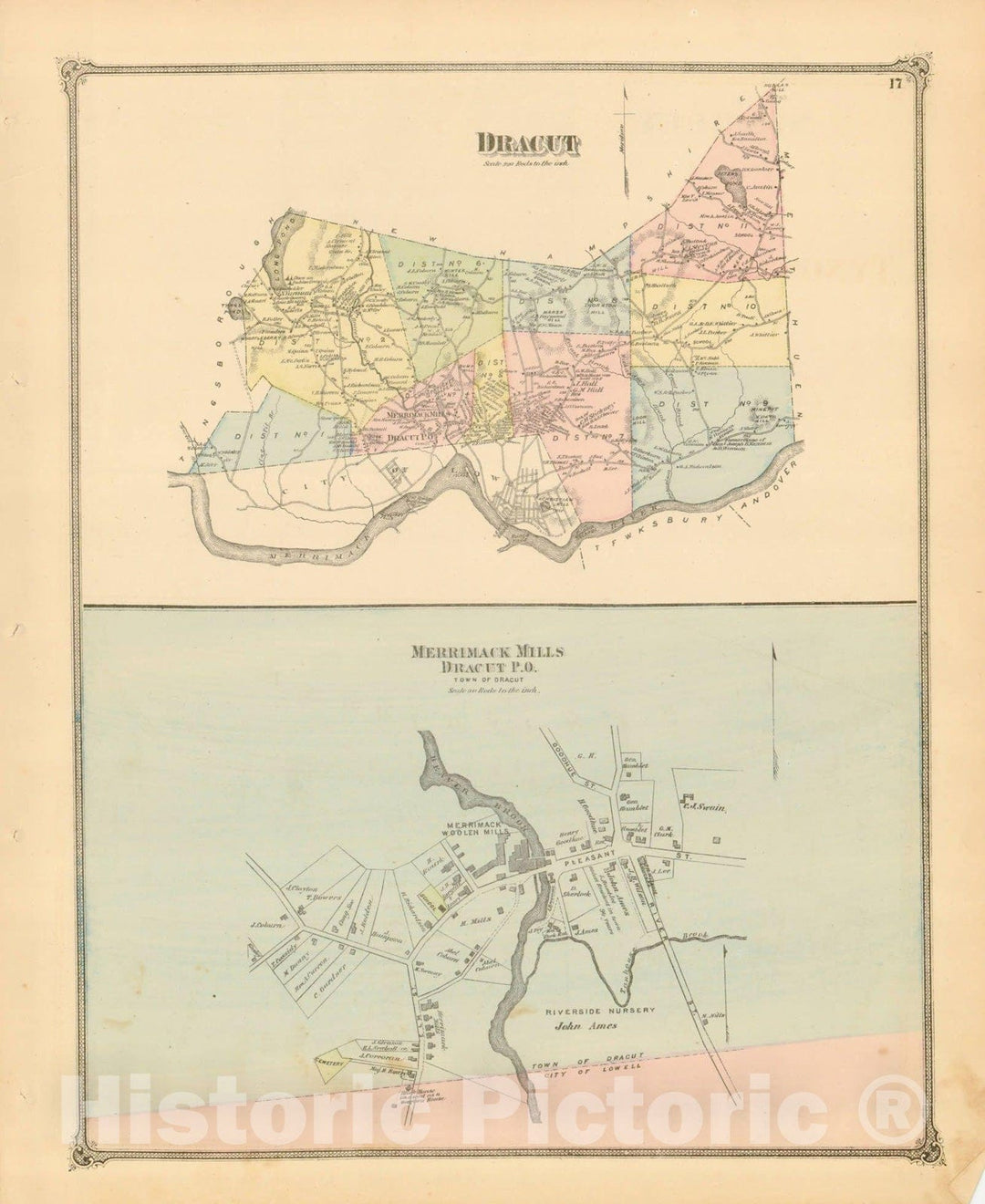 Historic Map : County Atlas of Middlesex Massachusetts, Dracut 1875 , Vintage Wall Art