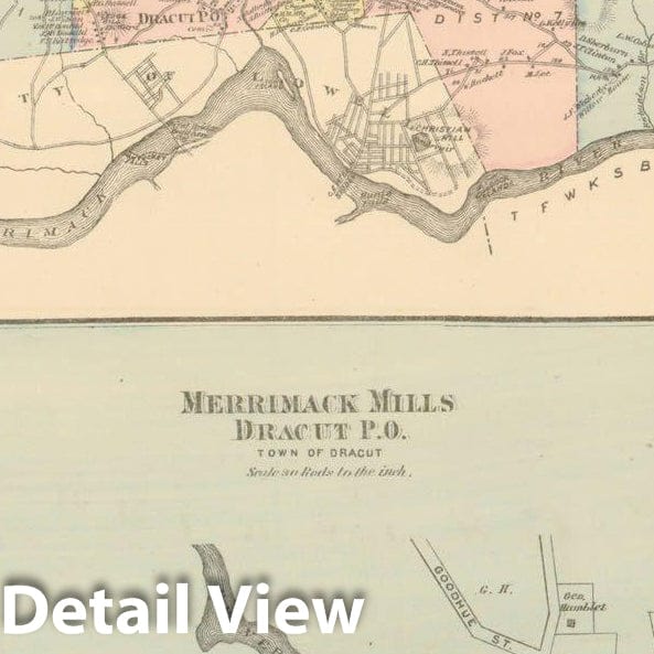Historic Map : County Atlas of Middlesex Massachusetts, Dracut 1875 , Vintage Wall Art