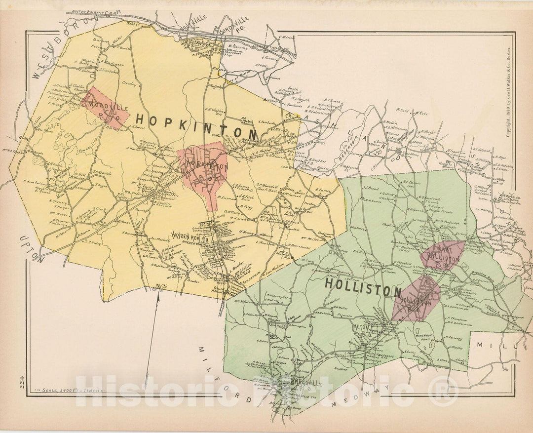 Historic Map : Atlas of Middlesex County, Massachusetts, Holliston & Hopkinton 1889 , Vintage Wall Art