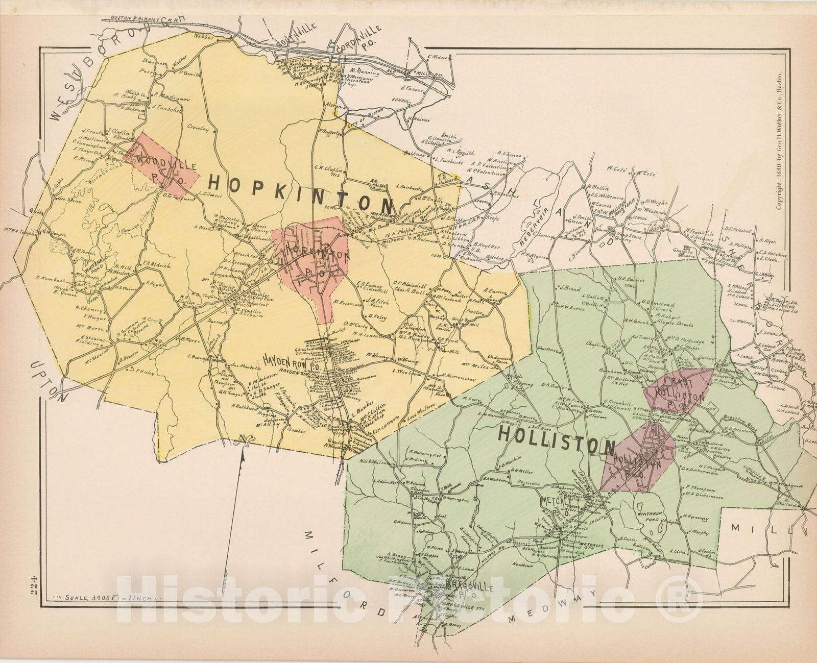 Historic Map : Atlas of Middlesex County, Massachusetts, Holliston & Hopkinton 1889 , Vintage Wall Art
