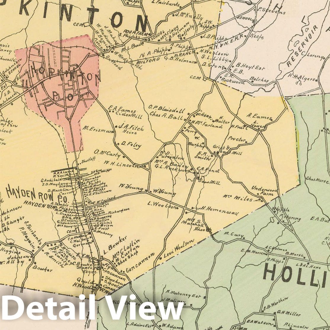 Historic Map : Atlas of Middlesex County, Massachusetts, Holliston & Hopkinton 1889 , Vintage Wall Art