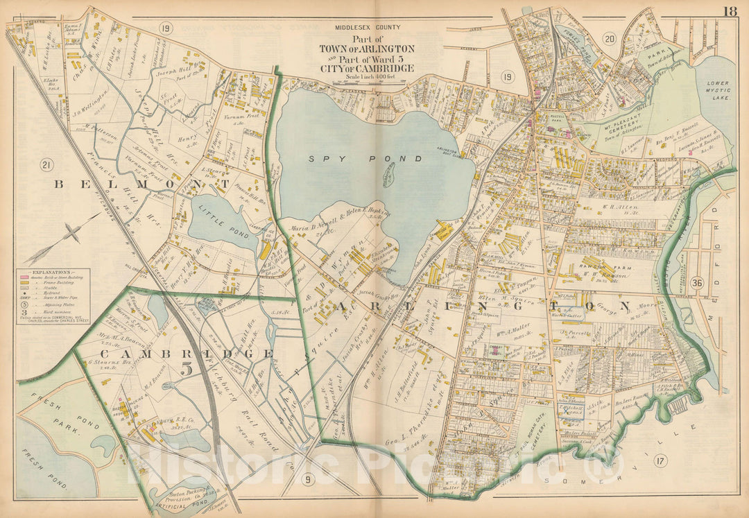 Historic Map : Atlas of Middlesex County, MA Vol. 1, Arlington & Belmont & Cambridge 1900 Plate 018 , Vintage Wall Art