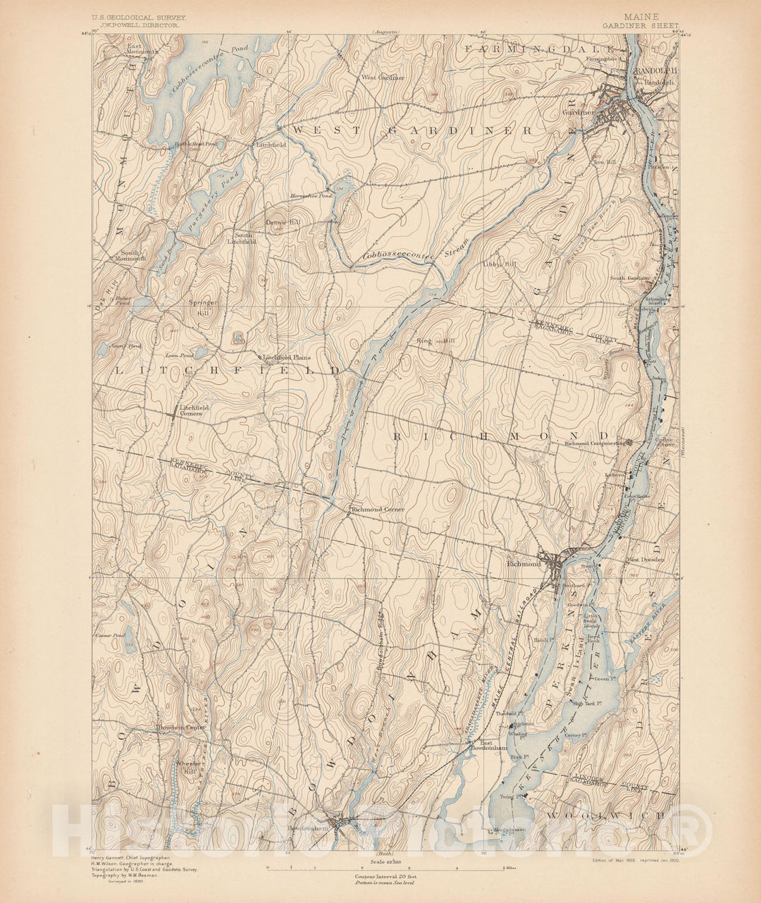 Historic Map : Atlas of Maine 1905, Bowdoinham & Gardiner & Richmond 1905 Topographic Map , Vintage Wall Art