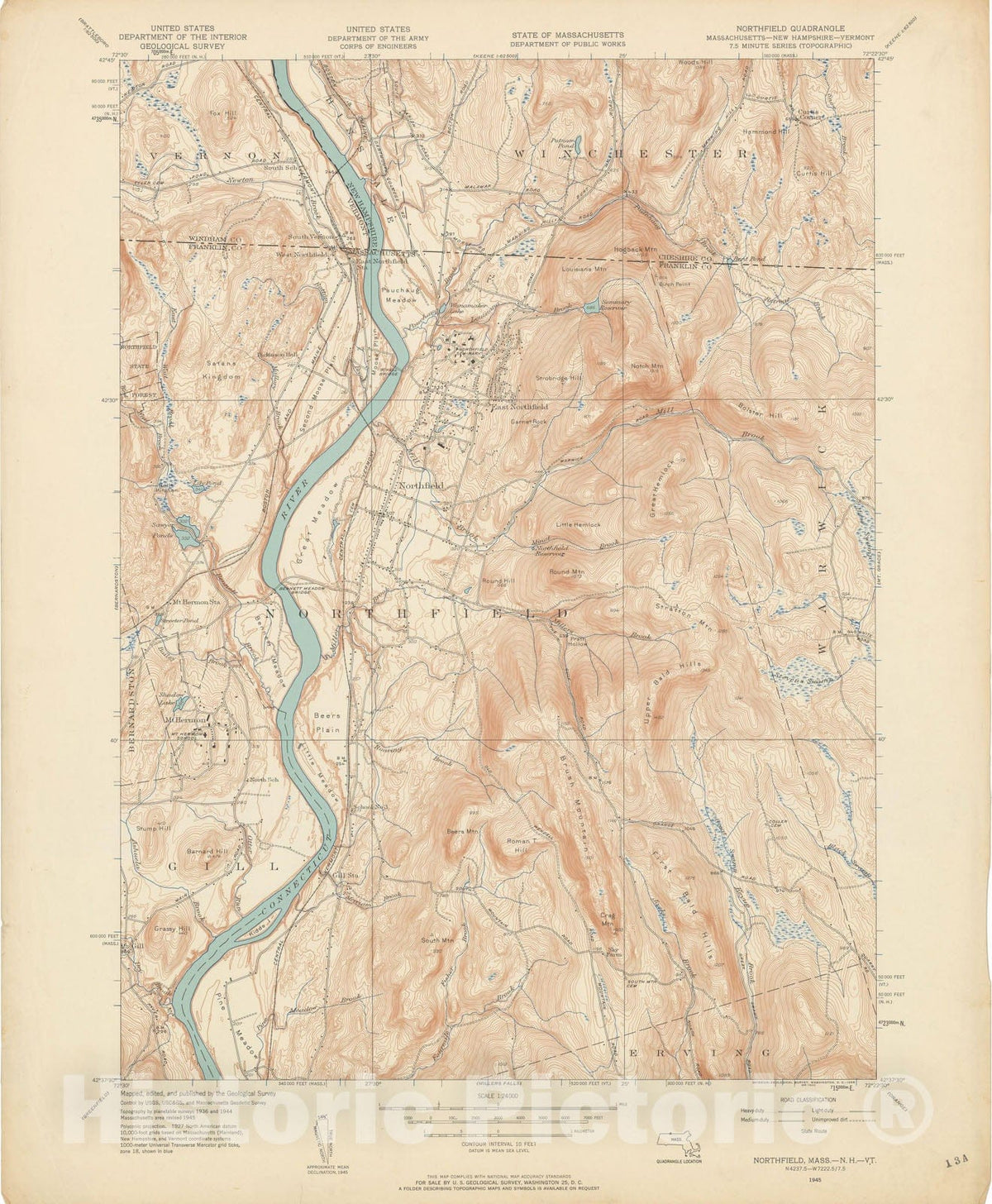 Historic Map : USGS 7.5 Minute Sheets and Quadrangles, Northfield & Vernon & Winchester 1945 Topographic Map , Vintage Wall Art