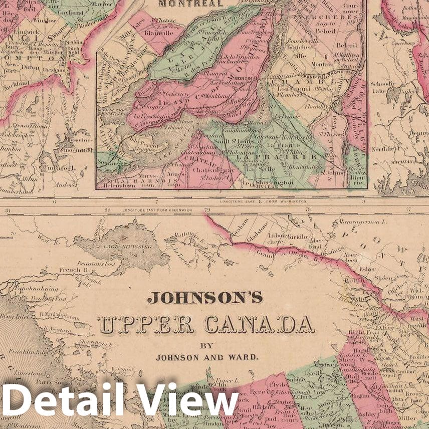 Historic Map : Canada 1865 , Johnson's Family Atlas , Vintage Wall Art