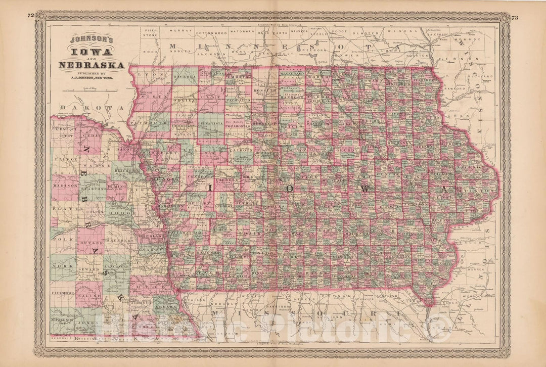 Historic Map : Iowa & Nebraska 1873 , Family Atlas World , Vintage Wall Art