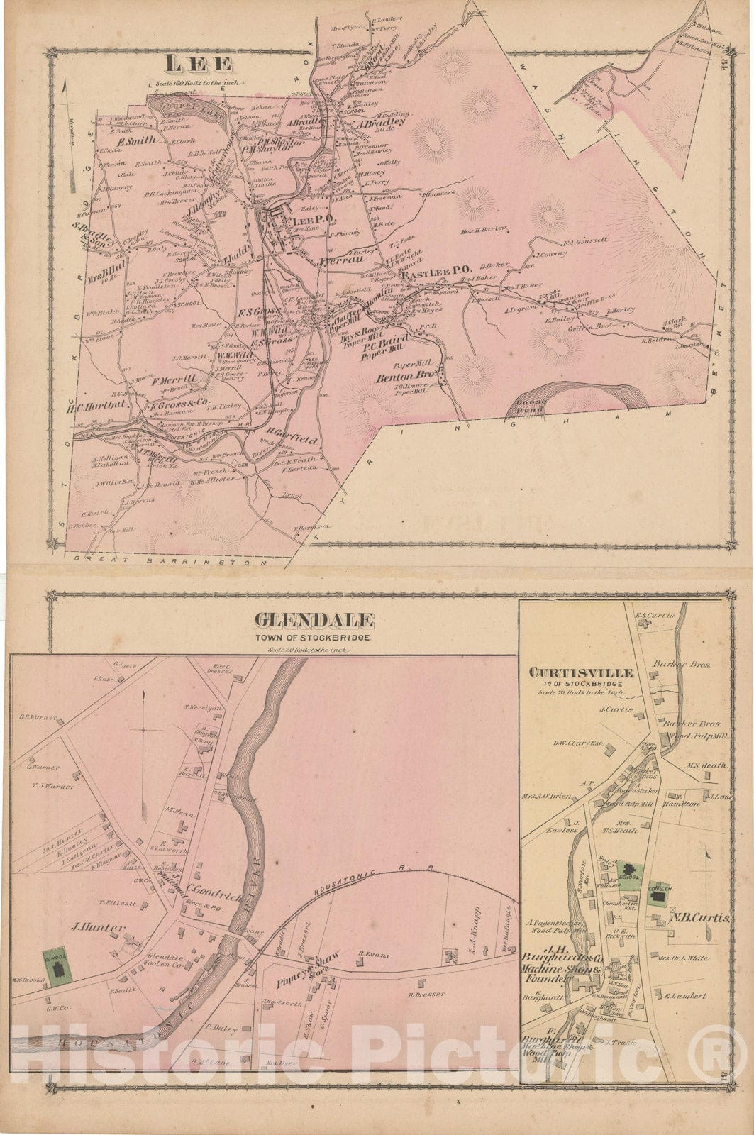 Historic Map : County Atlas of Berkshire County, Glendale & Lee & Stockbridge 1876 , Vintage Wall Art