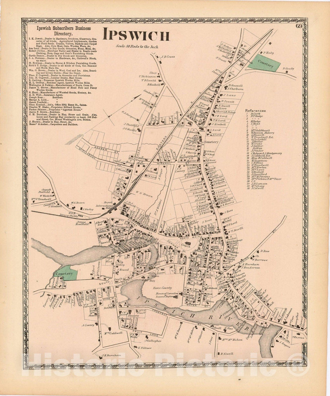 Historic Map : Atlas of Essex County Massachusetts, Ipswich 1872 , v2, Vintage Wall Art
