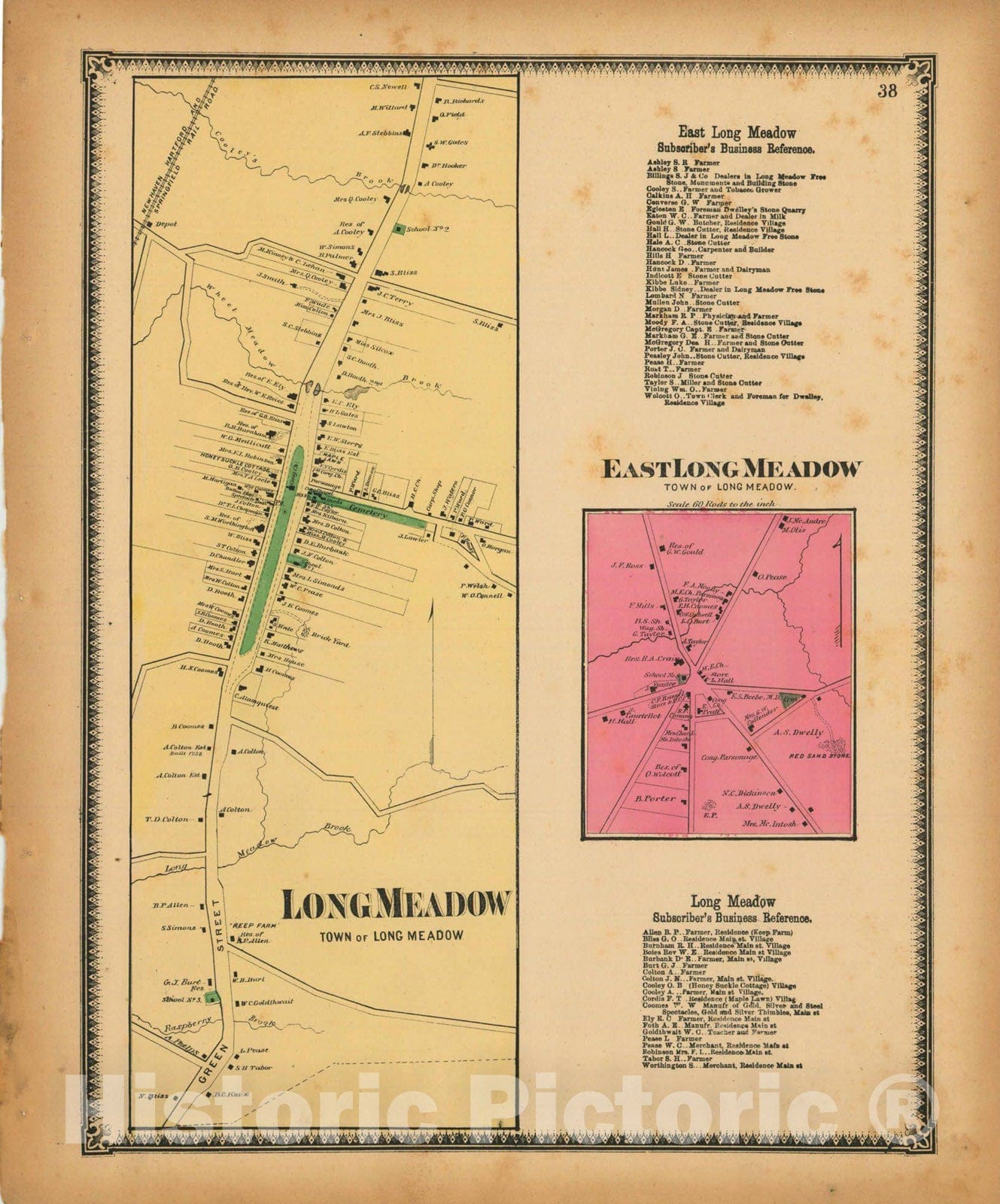 Historic Map : Atlas of Hampden County Massachusetts, Longmeadow 1870 , Vintage Wall Art