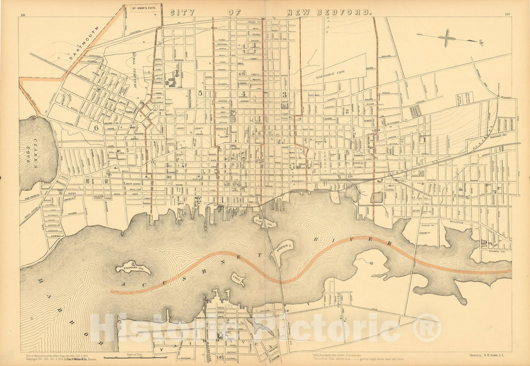 Historic Map : Atlas of Massachusetts, New Bedford 1904 , Vintage Wall Art