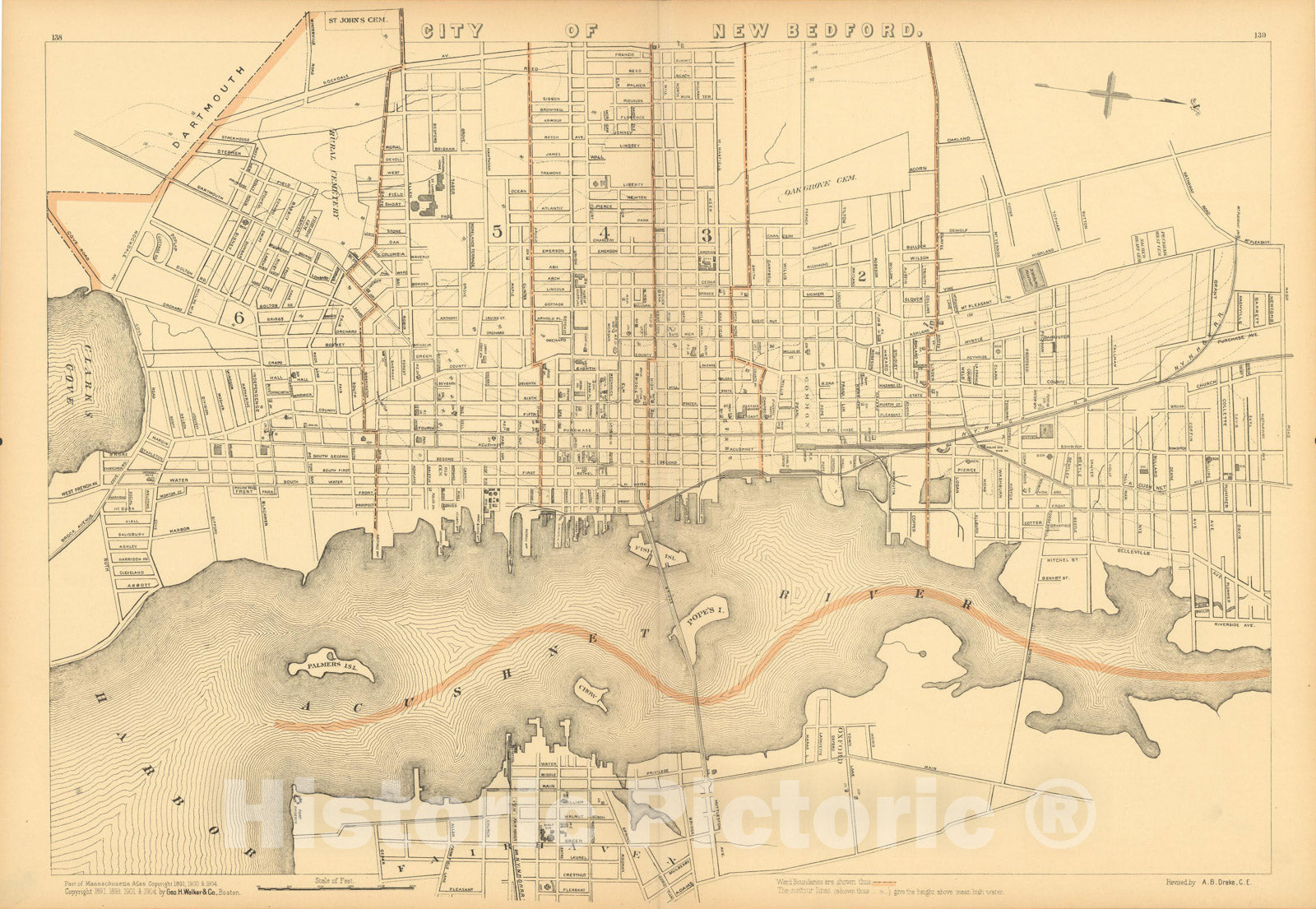 Historic Map : Atlas of Massachusetts, New Bedford 1904 , Vintage Wall Art