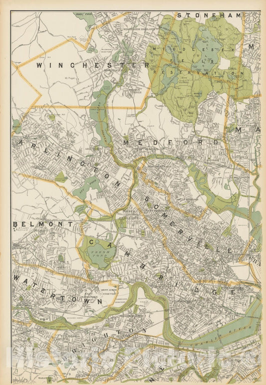 Historic Map : Map of Boston & Suburbs - NW Quad - 1900 , Northeast U.S. State & City Maps , Vintage Wall Art