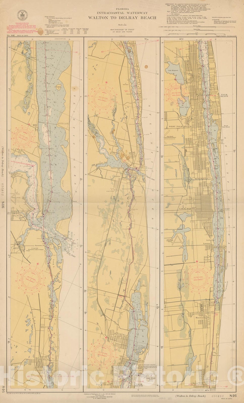 Historic Map : Coastal Charts - Florida Intracoastal: Walton to Delray Beach 1950 , Vintage Wall Art