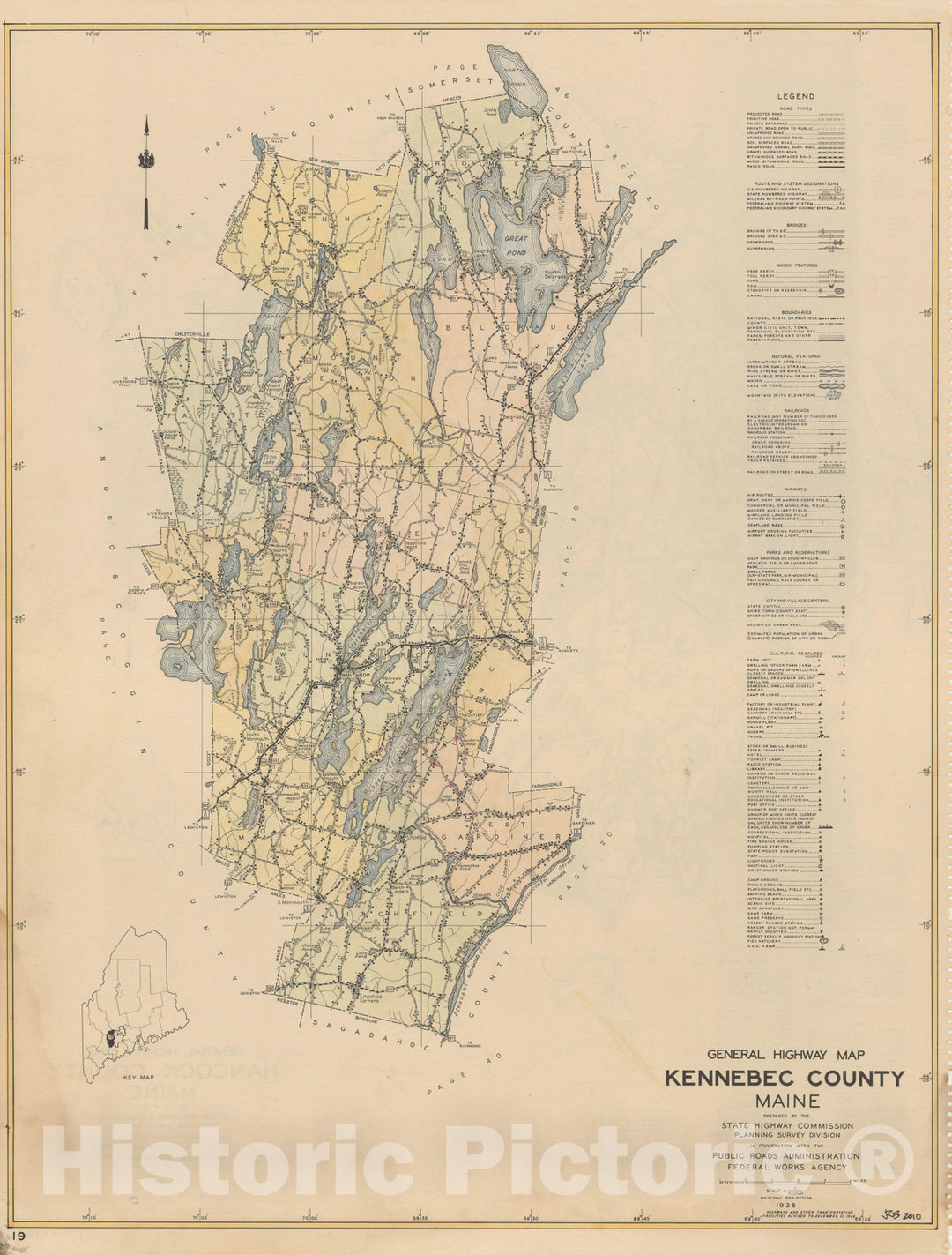 Historic Map : Maine General Highway County Maps, Kennebec 1938 Plate 019 , Vintage Wall Art