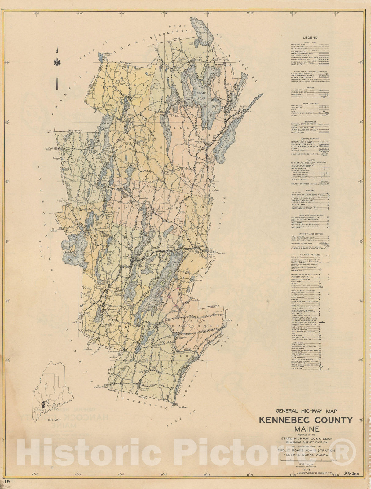 Historic Map : Maine General Highway County Maps, Kennebec 1938 Plate 019 , Vintage Wall Art