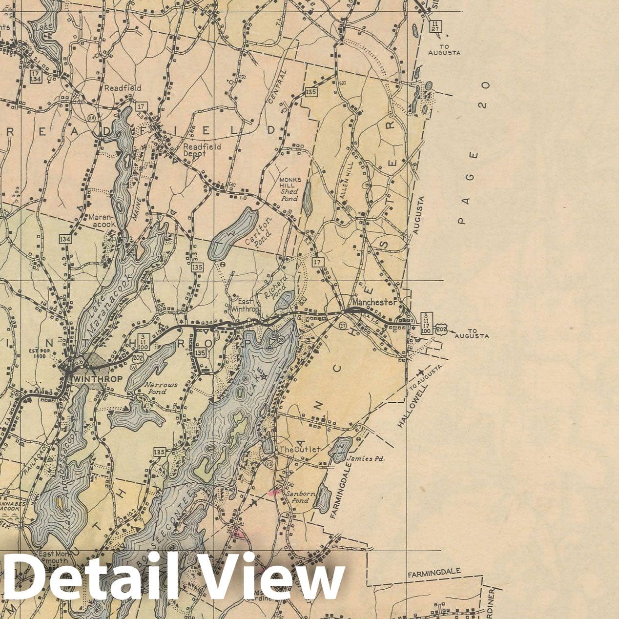 Historic Map : Maine General Highway County Maps, Kennebec 1938 Plate 019 , Vintage Wall Art
