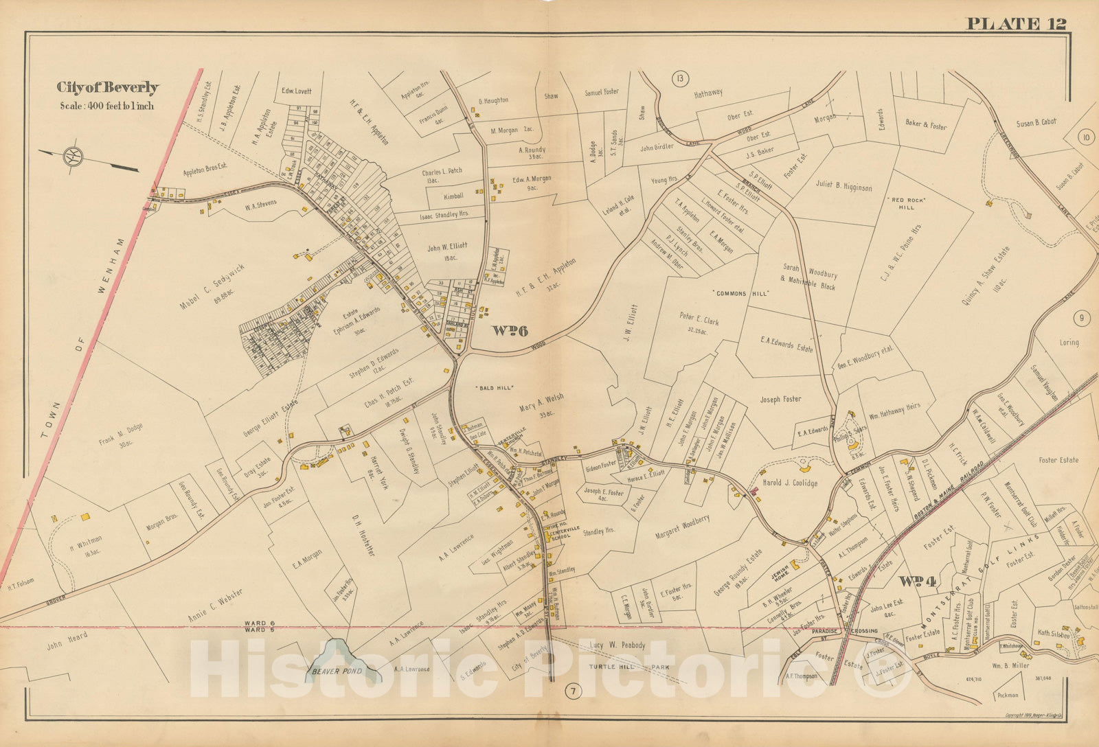 Historic Map : Atlas North Shore, Beverly to Magnolia, Essex County, Beverly 1919 Plate 012 , Vintage Wall Art