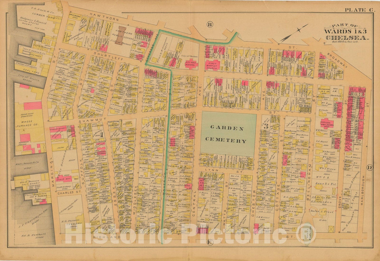 Historic Map : Atlas City of Chelsea and the Towns of Revere and Winthrop 1886 Plate C , Vintage Wall Art