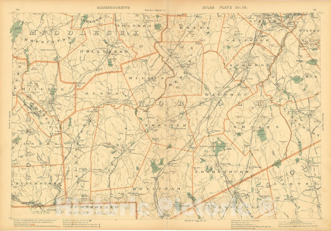 Historic Map : Atlas of Massachusetts, Foxborough & Franklin & Holliston & Milford & Norfolk & Sharon & Walpole 1904 Plate 015 , Vintage Wall Art