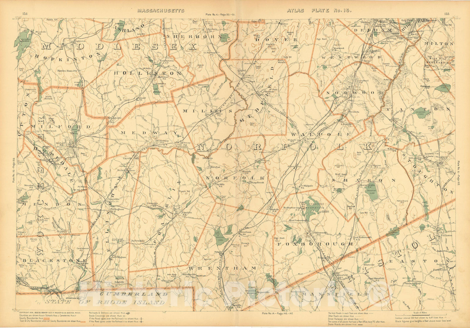 Historic Map : Atlas of Massachusetts, Foxborough & Franklin & Holliston & Milford & Norfolk & Sharon & Walpole 1904 Plate 015 , Vintage Wall Art