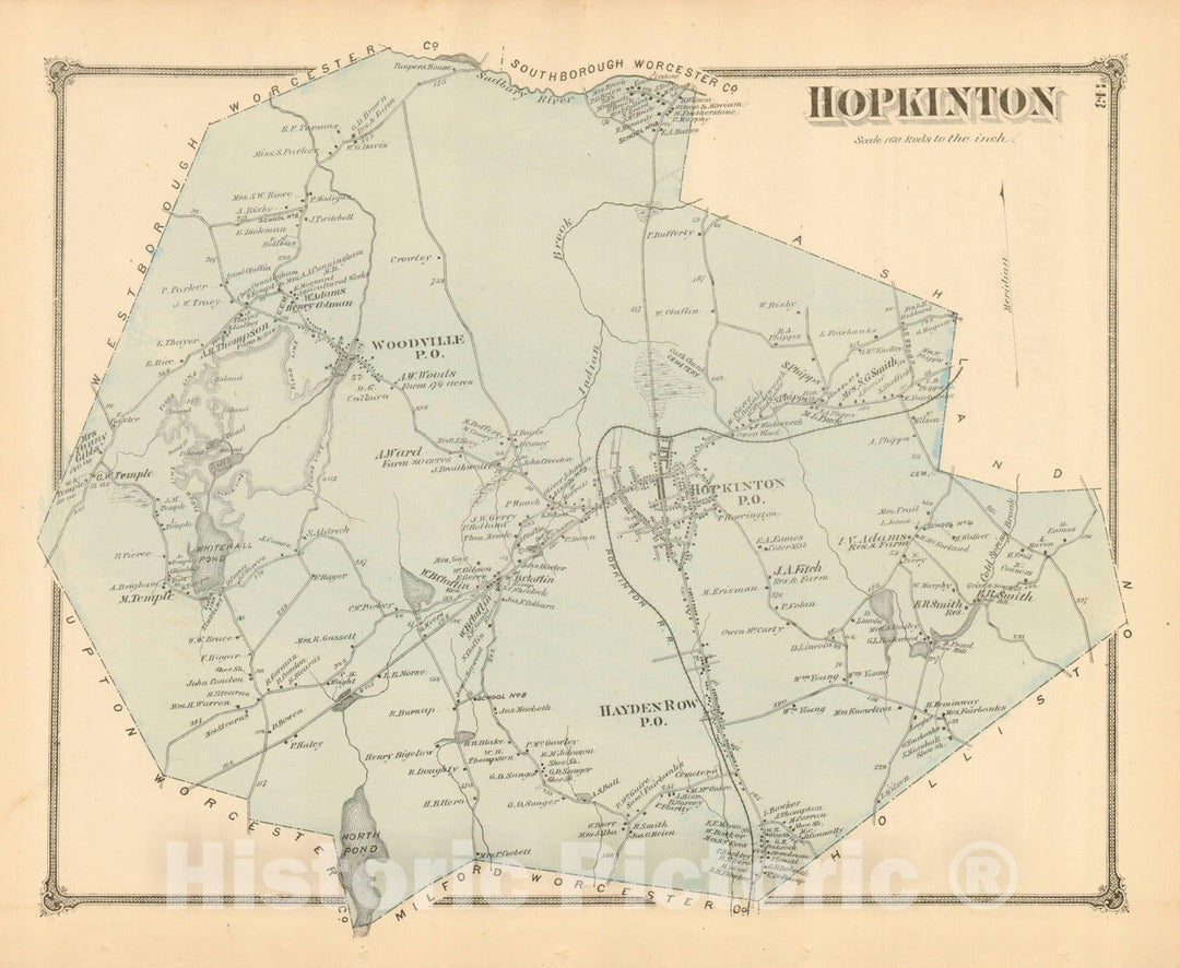 Historic Map : County Atlas of Middlesex Massachusetts, Hopkinton 1875 , v2, Vintage Wall Art