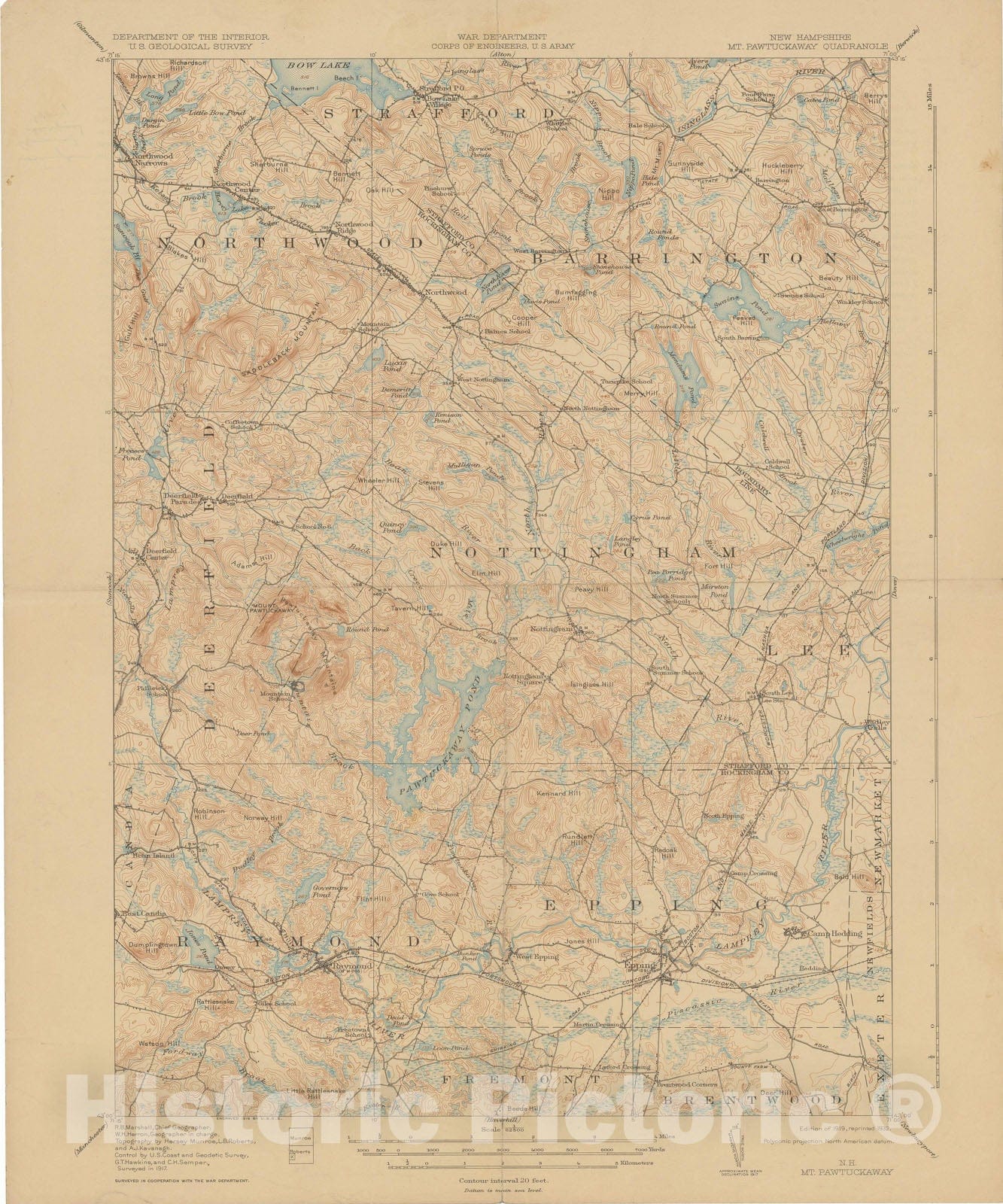 Historic Map : USGS 7.5 Minute Sheets and Quadrangles, Barrington & Epping & Nottingham & Raymond 1932 Topographic Map , Vintage Wall Art