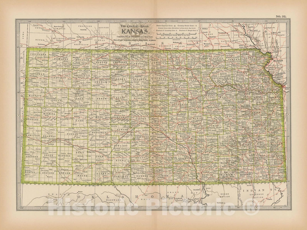 Historic Map : Kansas 1897 , The Century Atlas World , Vintage Wall Art