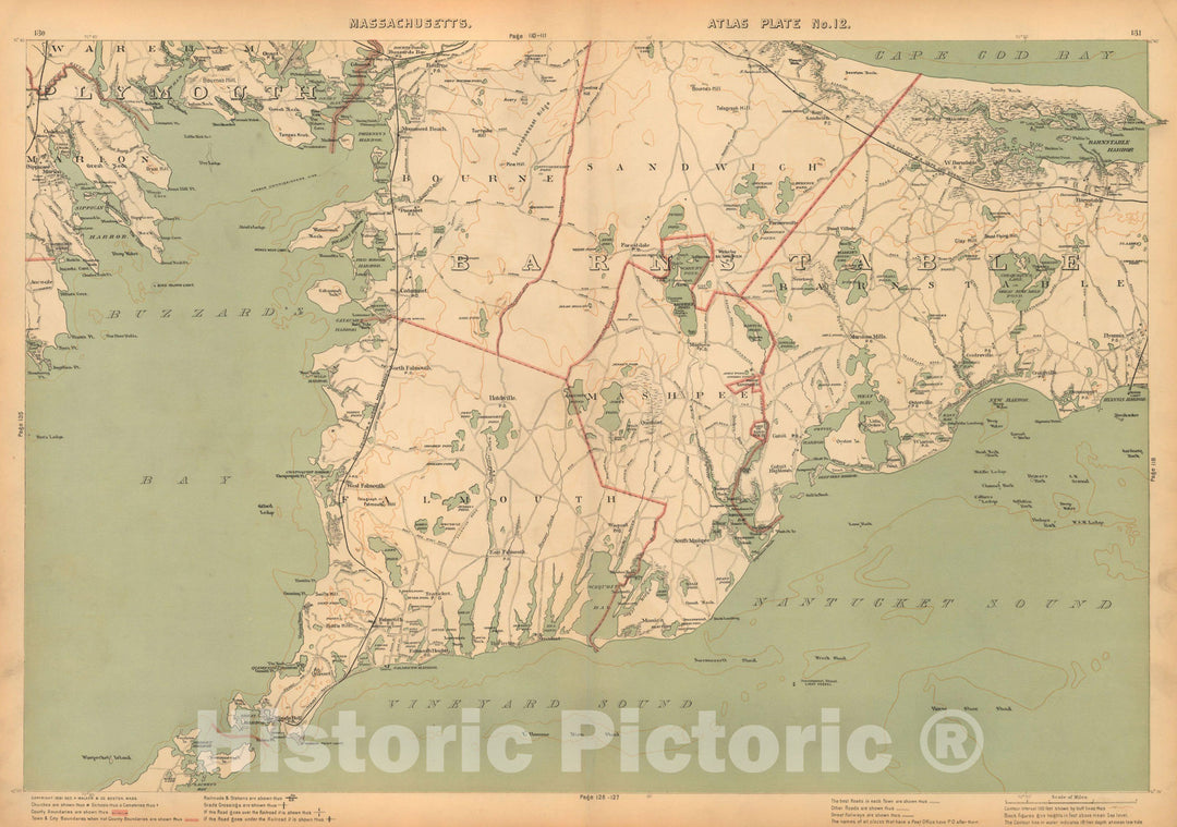 Historic Map : Atlas of Massachusetts, Barnstable & Bourne & Cape Cod & Falmouth & Mashpee & Sandwich 1891 Plate 012 , Vintage Wall Art