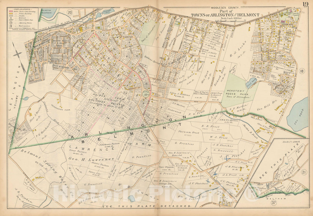 Historic Map : Atlas of Middlesex County, MA Vol. 1, Arlington & Belmont 1900 Plate 019 , Vintage Wall Art