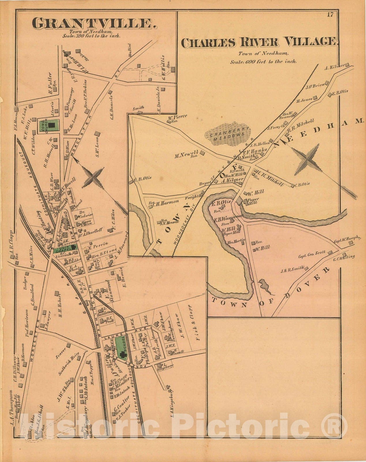 Historic Map : Atlas of Norfolk County, Needham 1876 , Vintage Wall Art