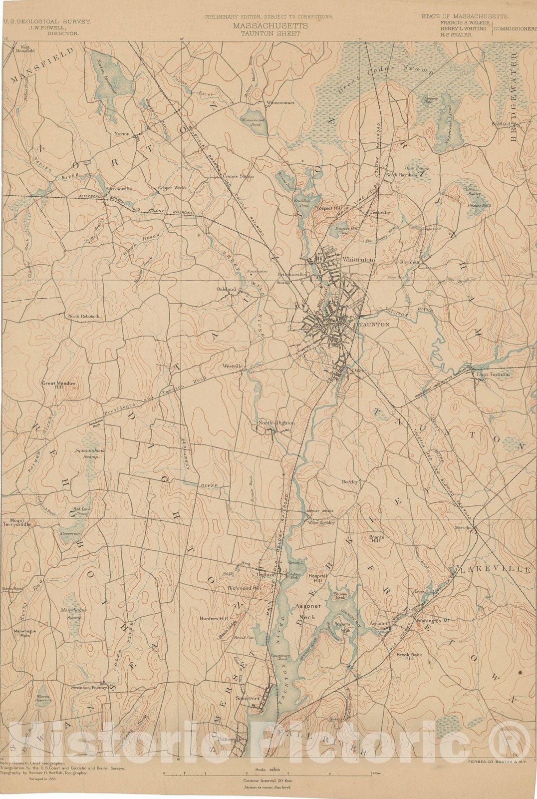Historic Map : USGS 7.5 Minute Sheets and Quadrangles, Taunton 1885 Topographic Map , Vintage Wall Art