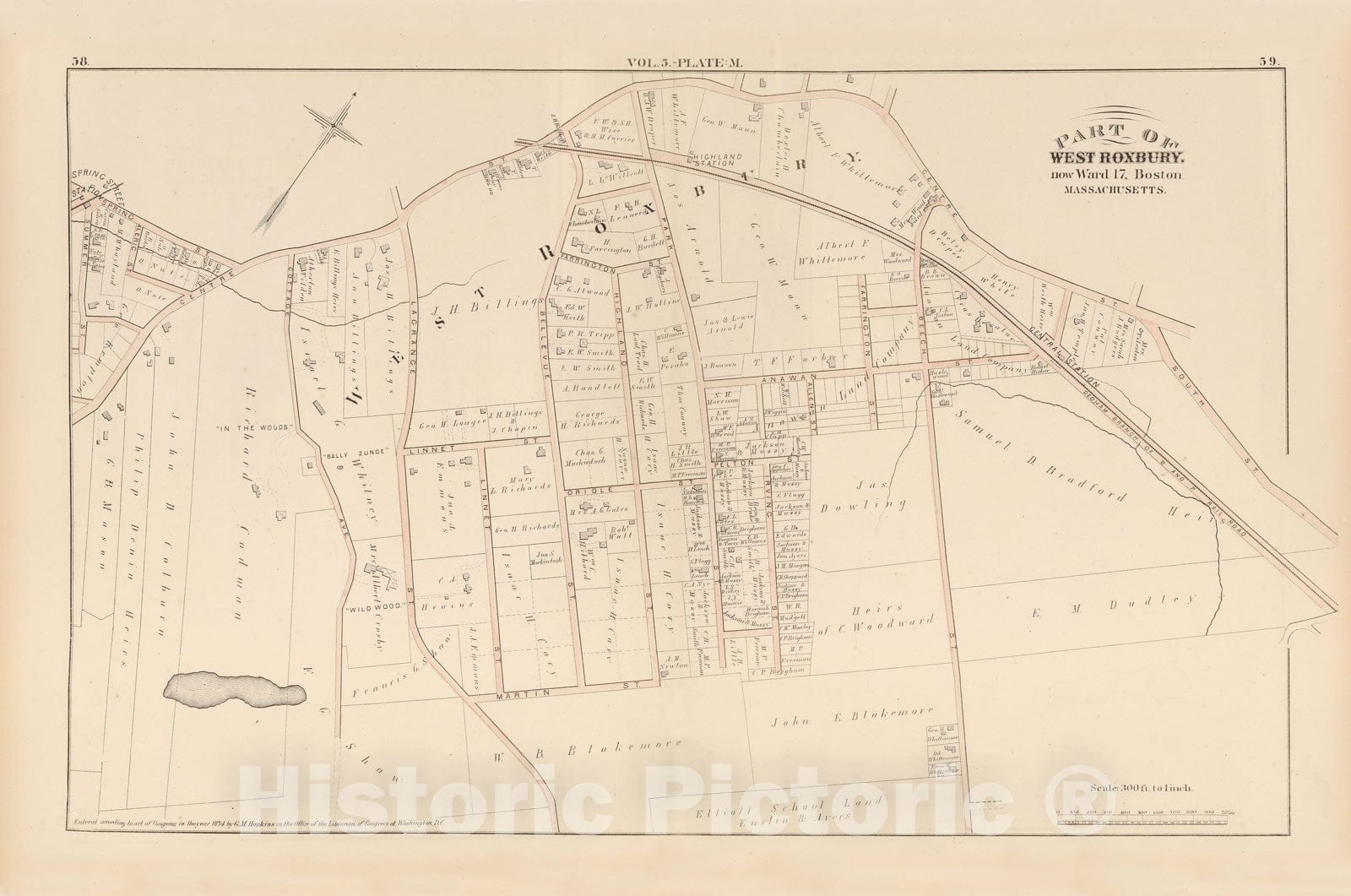 Historic Map : Atlas of County of Suffolk, MA, Vol. 5th, West Roxbury 1874 Plate M , Vintage Wall Art