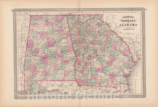 Historic Map : Alabama & Georgia 1873 , Family Atlas World , Vintage Wall Art