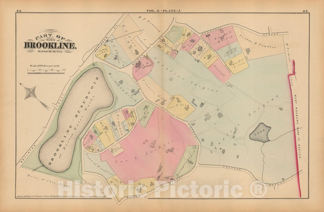 Historic Map : Atlas Town of Brookline, Brookline 1874 Plate J , Vintage Wall Art
