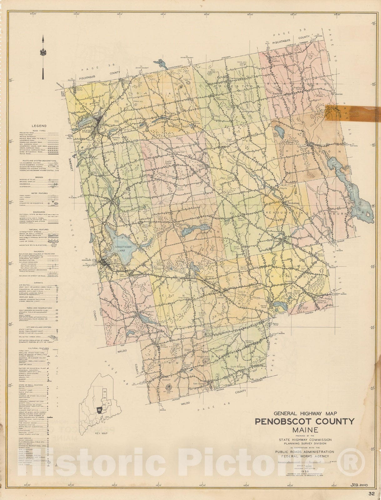 Historic Map : Maine General Highway County Maps, Penobscot 1938 Plate 032 , Vintage Wall Art