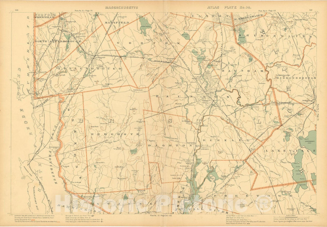 Historic Map : Atlas of Massachusetts, Attleboro & Berkley & Norton & Rehoboth & Seekonk & Taunton 1904 Plate 014 , Vintage Wall Art