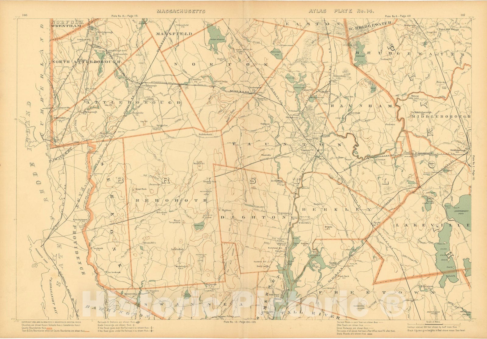 Historic Map : Atlas of Massachusetts, Attleboro & Berkley & Norton & Rehoboth & Seekonk & Taunton 1904 Plate 014 , Vintage Wall Art