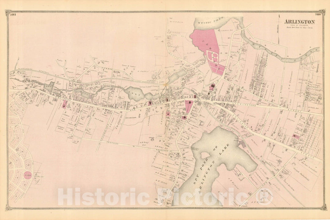 Historic Map : County Atlas of Middlesex Massachusetts, Arlington 1875 , Vintage Wall Art
