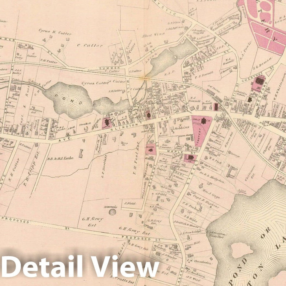 Historic Map : County Atlas of Middlesex Massachusetts, Arlington 1875 , Vintage Wall Art