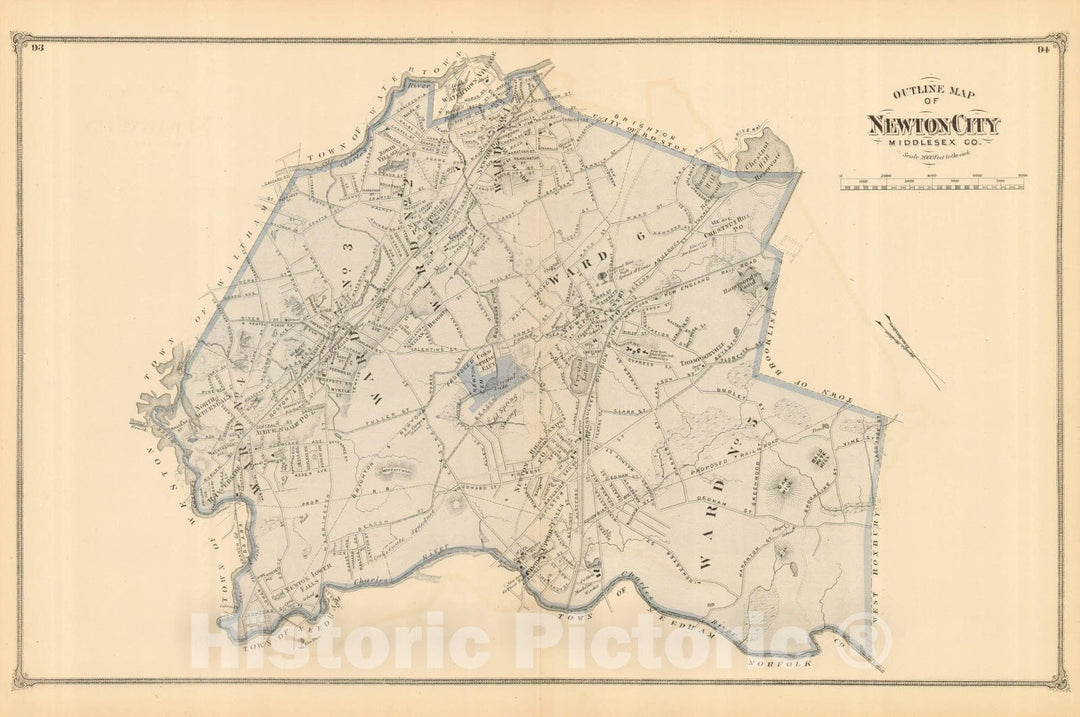 Historic Map : County Atlas of Middlesex Massachusetts, Newton 1875 , Vintage Wall Art
