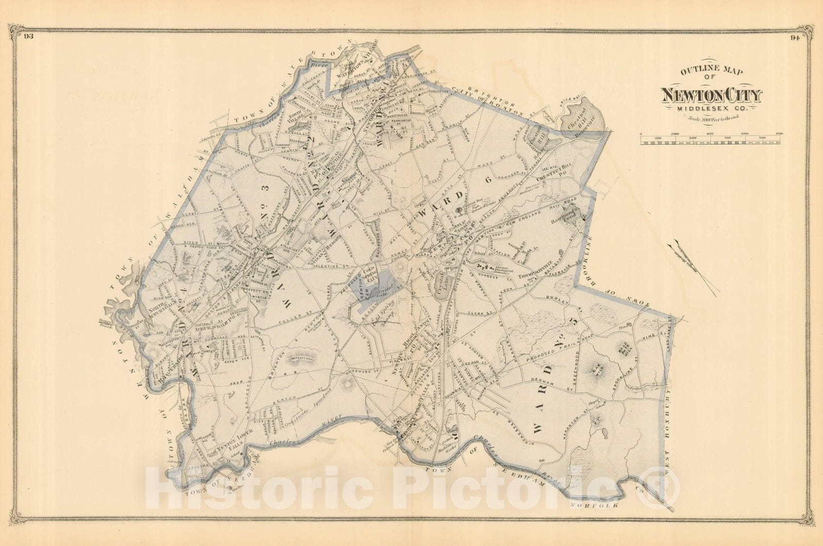 Historic Map : County Atlas of Middlesex Massachusetts, Newton 1875 , Vintage Wall Art