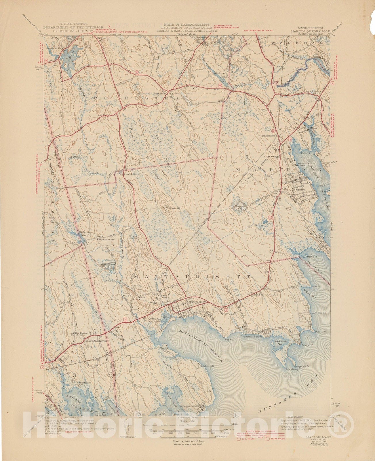 Historic Map : USGS 7.5 Minute Sheets and Quadrangles, Marion & Mattapoisett 1944 Topographic Map , Vintage Wall Art
